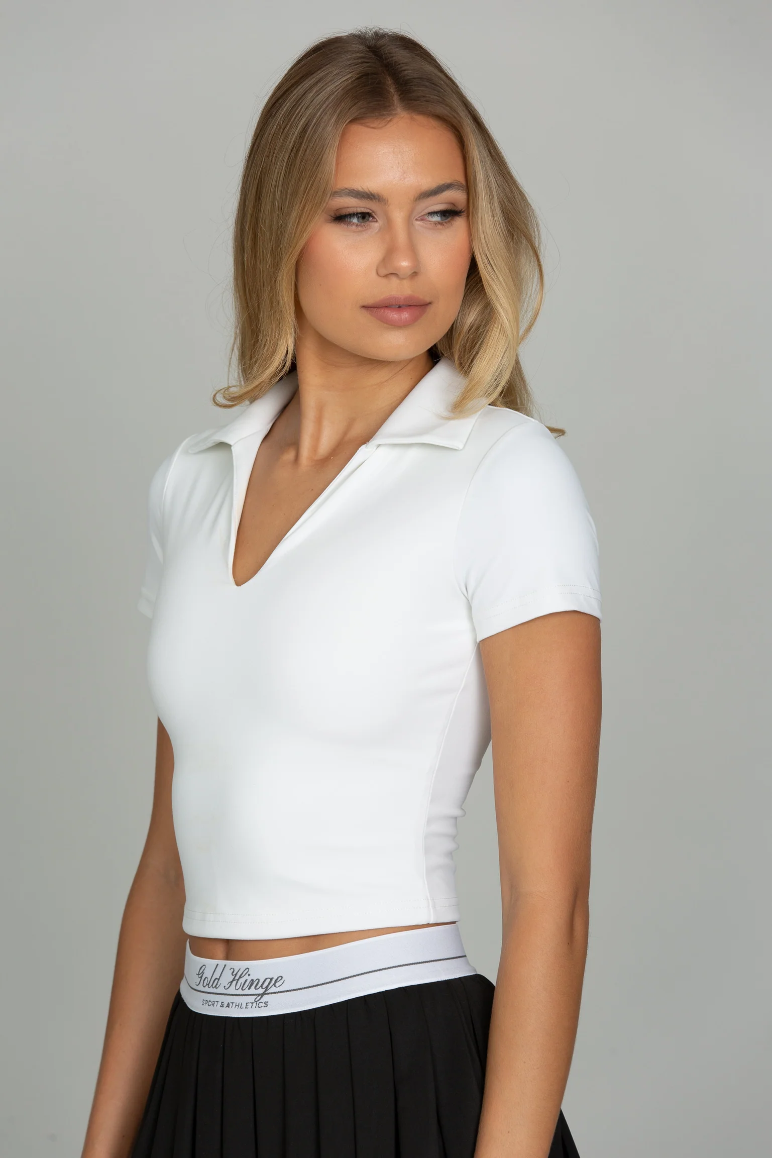 White Preppy V-Neck Polo Top - Image 4